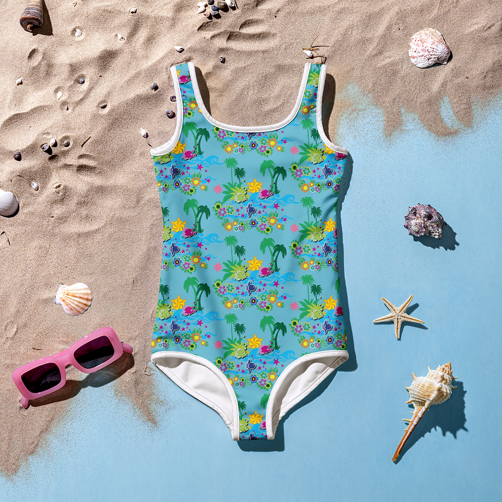 Miniaturbild: All-Over Print Kinder-Badeanzug mit Palmen, Pflanzen, Blumen & Fischen. 