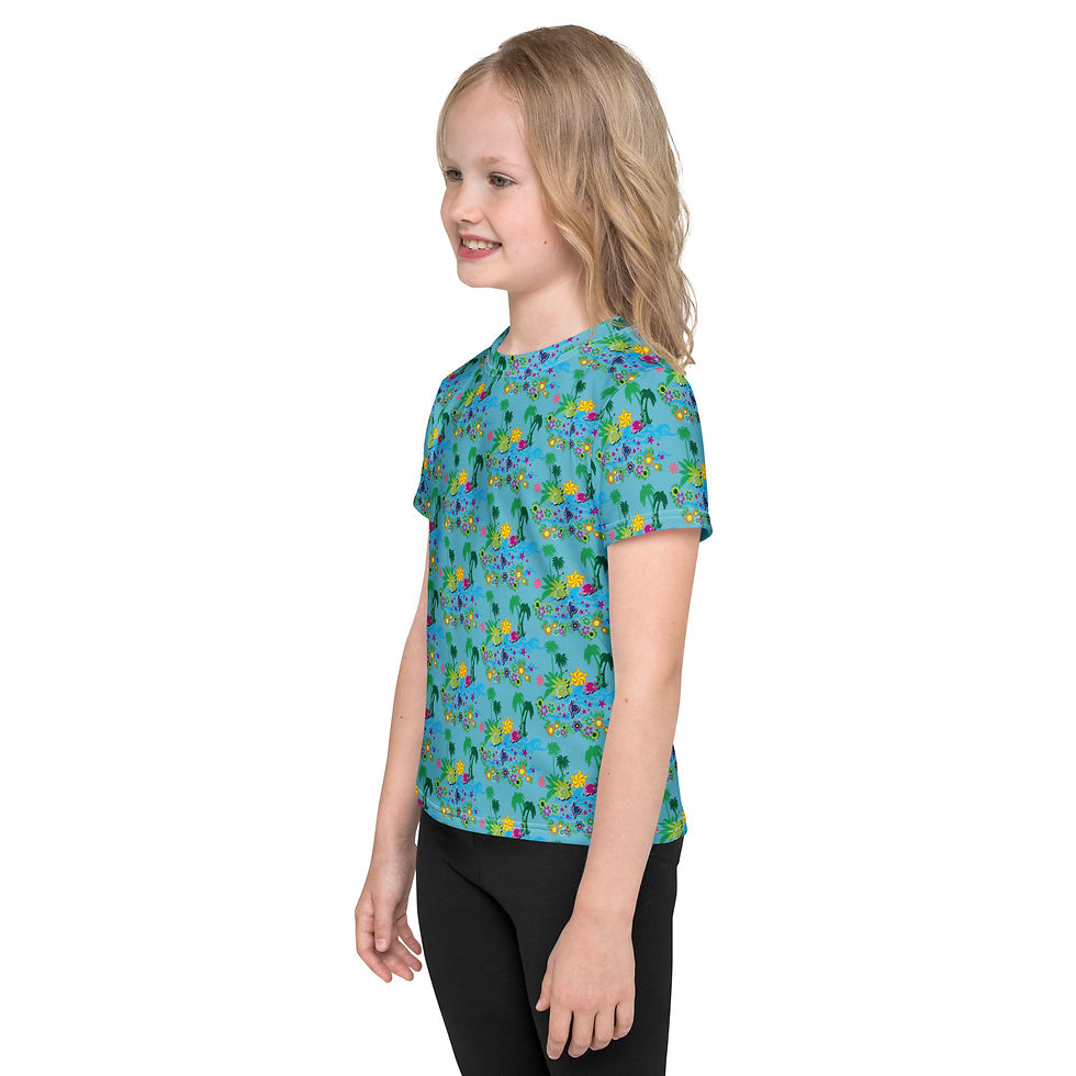 Miniaturbild: All-Over-Print T-Shirt für Kinder mit Palmen, Pflanzen, Blumen und Fischen.