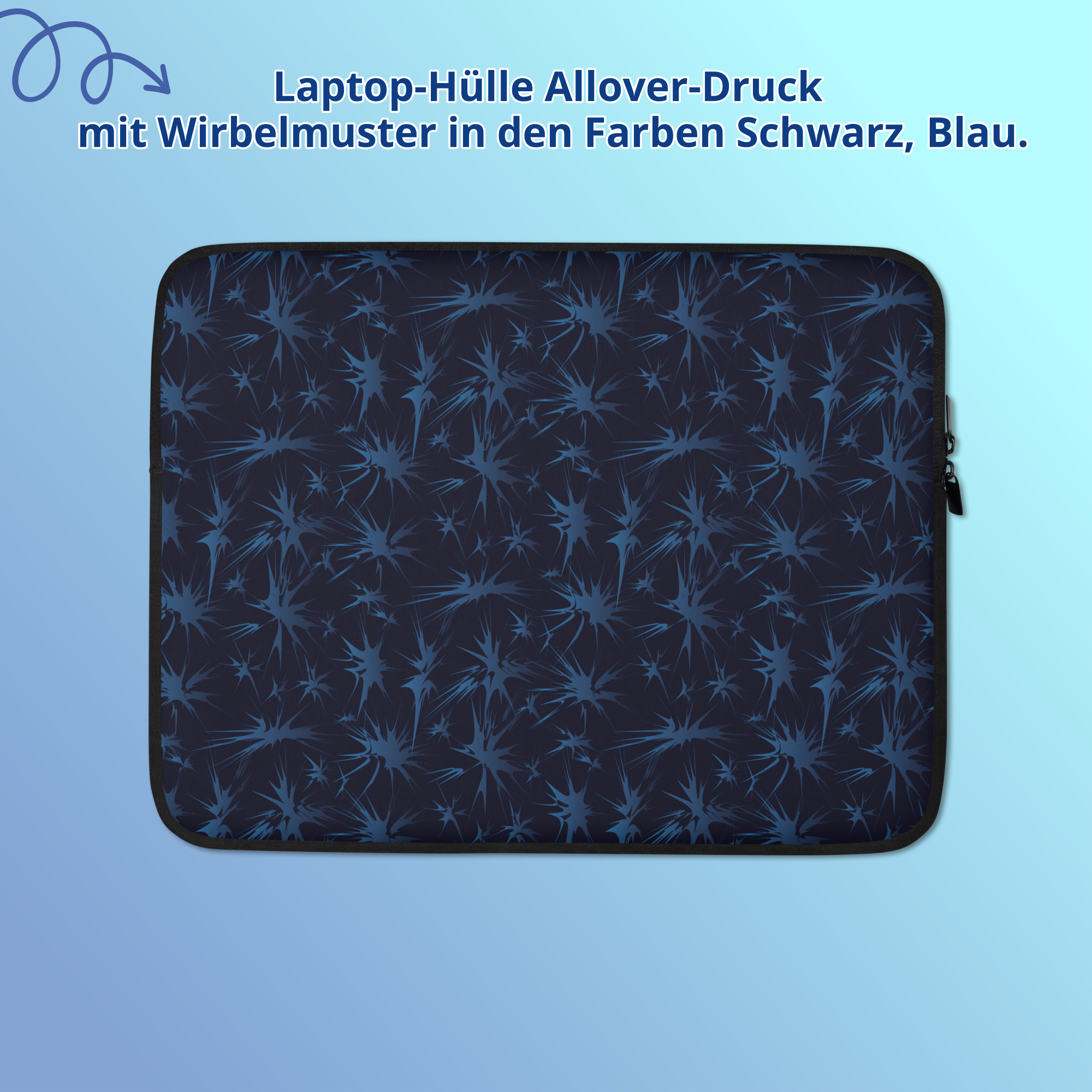 Laptop-Hülle All-Over-Druck mit Wirbelmuster in den Farben Schwarz, Blau.
