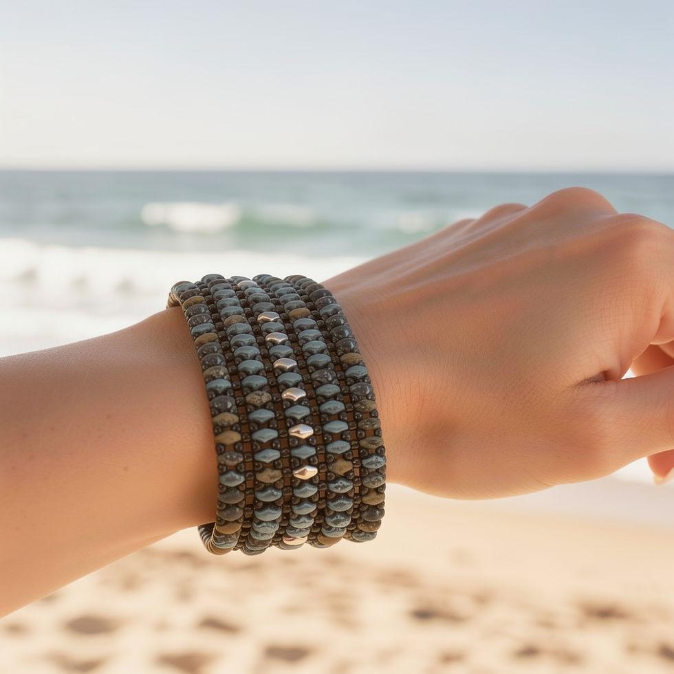 Wide Beaded Bracelet in Blue and Silver