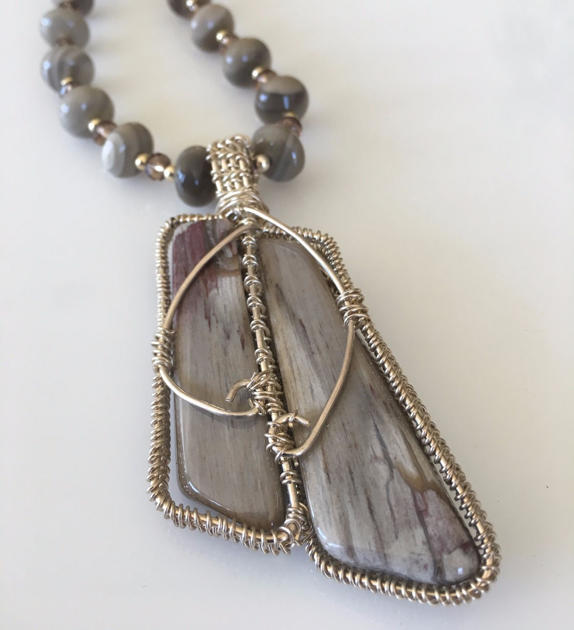Long Jasper Petrified Wood and Silver Necklace