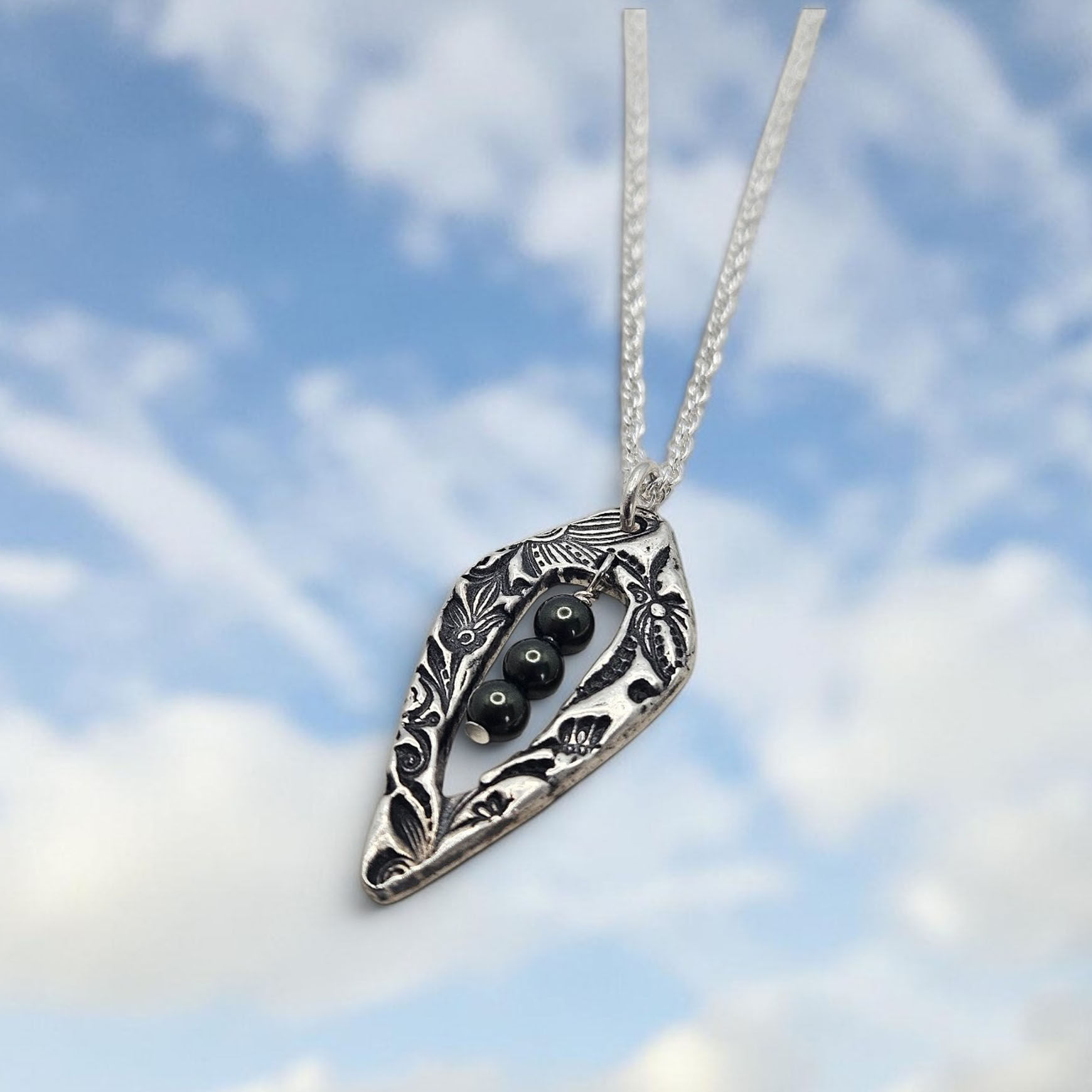 Kite Shaped Fine Silver Pendant with Hematite