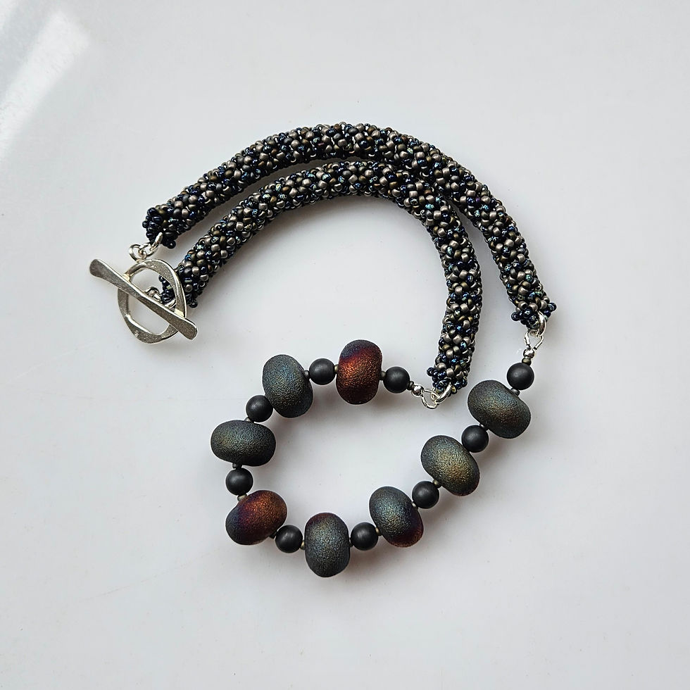 Thumbnail: Raku Blue and Grey Beaded Necklace