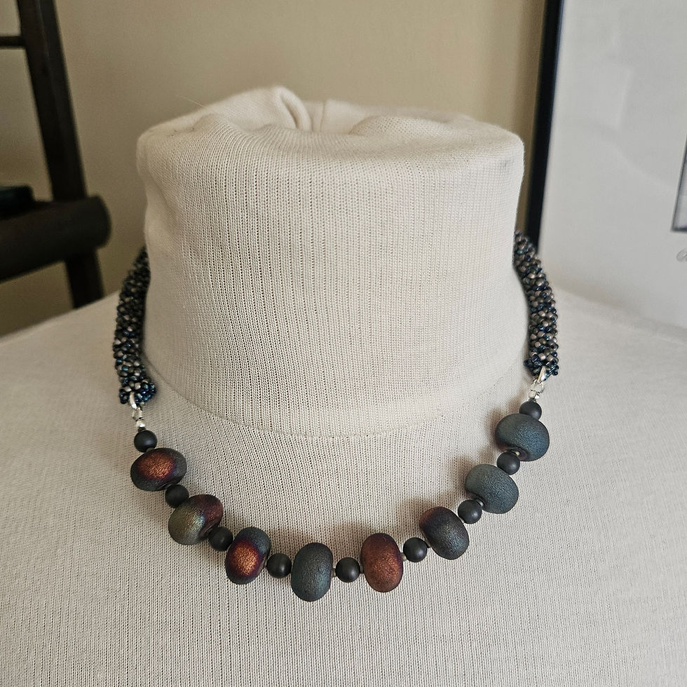 Raku Blue and Grey Beaded Necklace