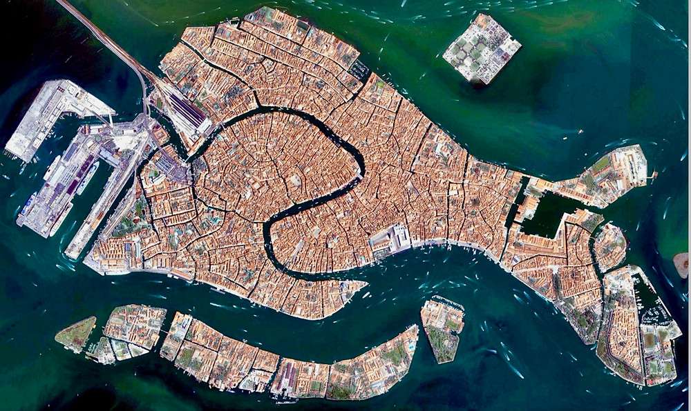 aerial view of a fish=shaped Venice and the Grand Canal