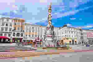 the Holy Trinity column in the Hauptplatz (main square) in the center of Linz Austria