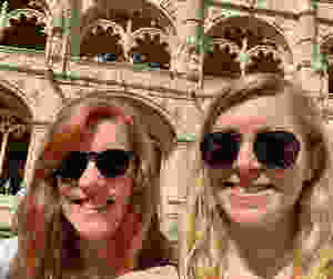 my daughter and I admiring the Manueline cloisters at Jerónimos Monastery in Belem