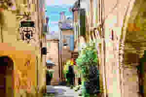 pretty cobbled street in the stony town of Uzes France