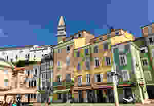 Tartini Square in Piran with the bell tower peeking through above