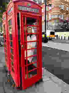 my daughter, enjoying the photo ops in a classic red London phone booth