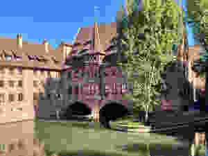 view of Heilig-Geist-Spital, a hospital from the middle ages, from Museum Bridge