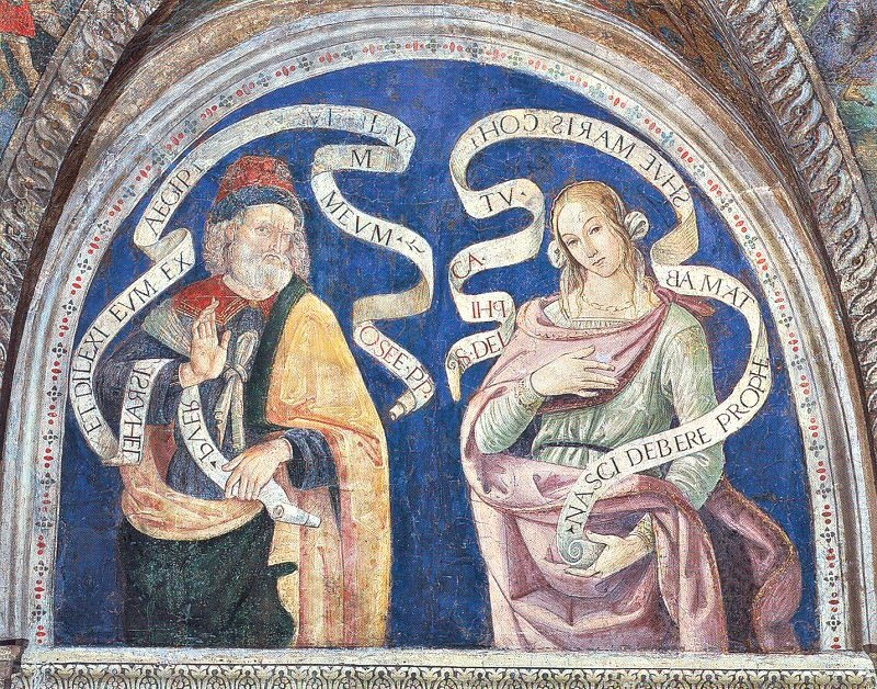 Moses and the Delphic Sybil, with scrolls announcing Christ's coming