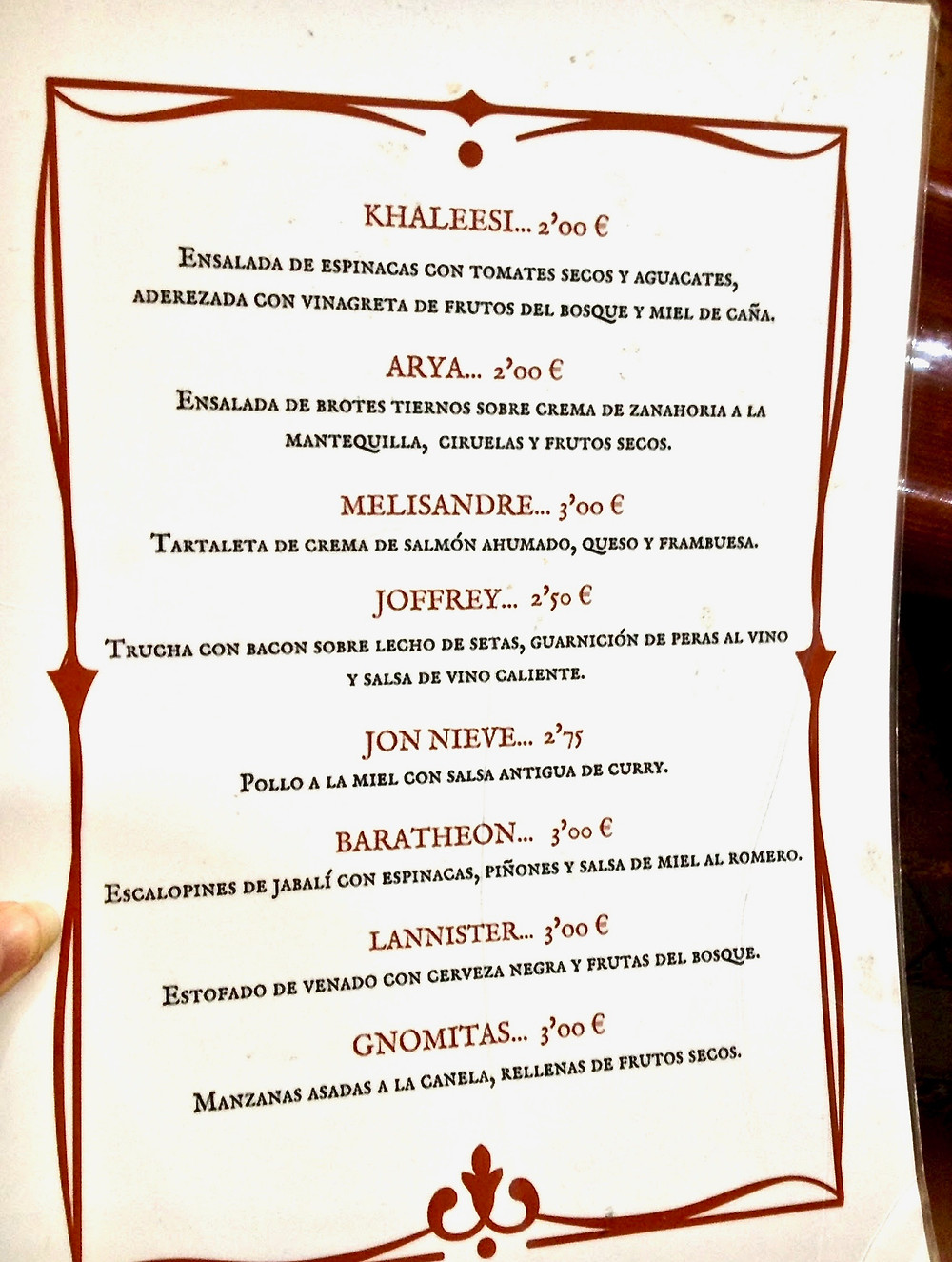 the Game of Thrones themed menu at Caso Curro in Osuna