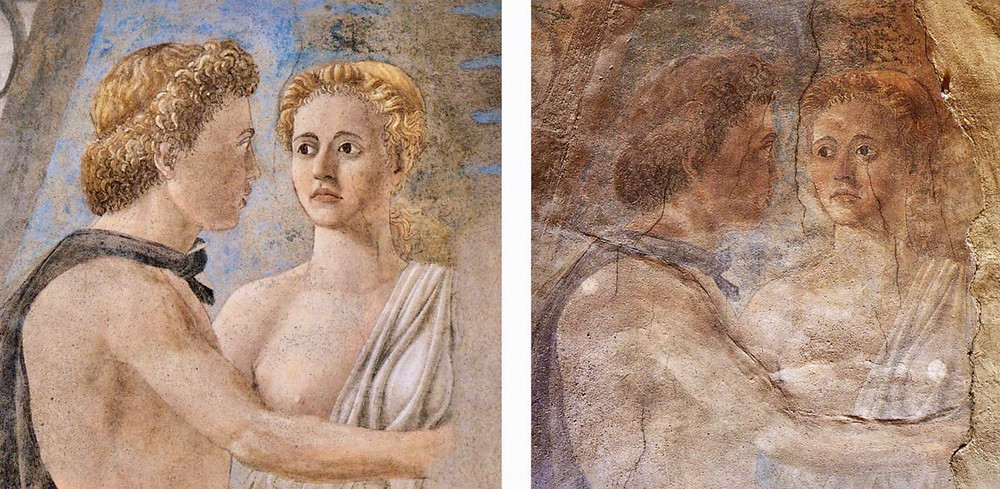 before and after images, restoration of The legend of the True Cross in Arezzo