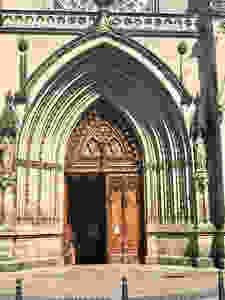 ornate doorway of the 14th century Santiago Cathedral in old town Bilbao