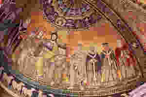 12th century mosaics showing Christ and his mother flanked by saints in the Santa Maria basilica in Trastevere