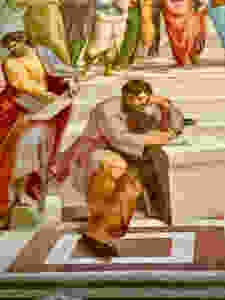 detail from School of Athens showing Raphael's portrait of Michelangelo