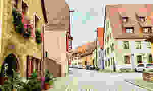 pretty side street in Rothenburg ob der Tauber in Bavaria Germany