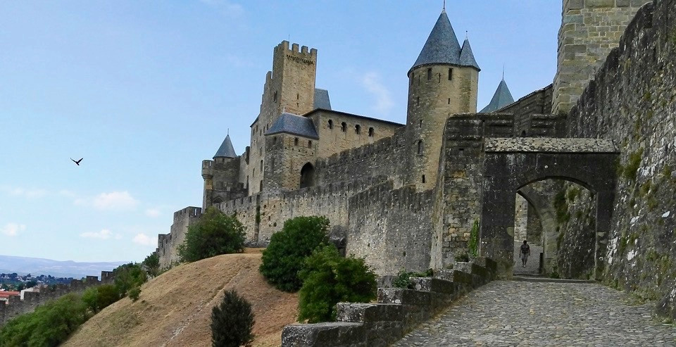 the intact city walls of Carcassonne