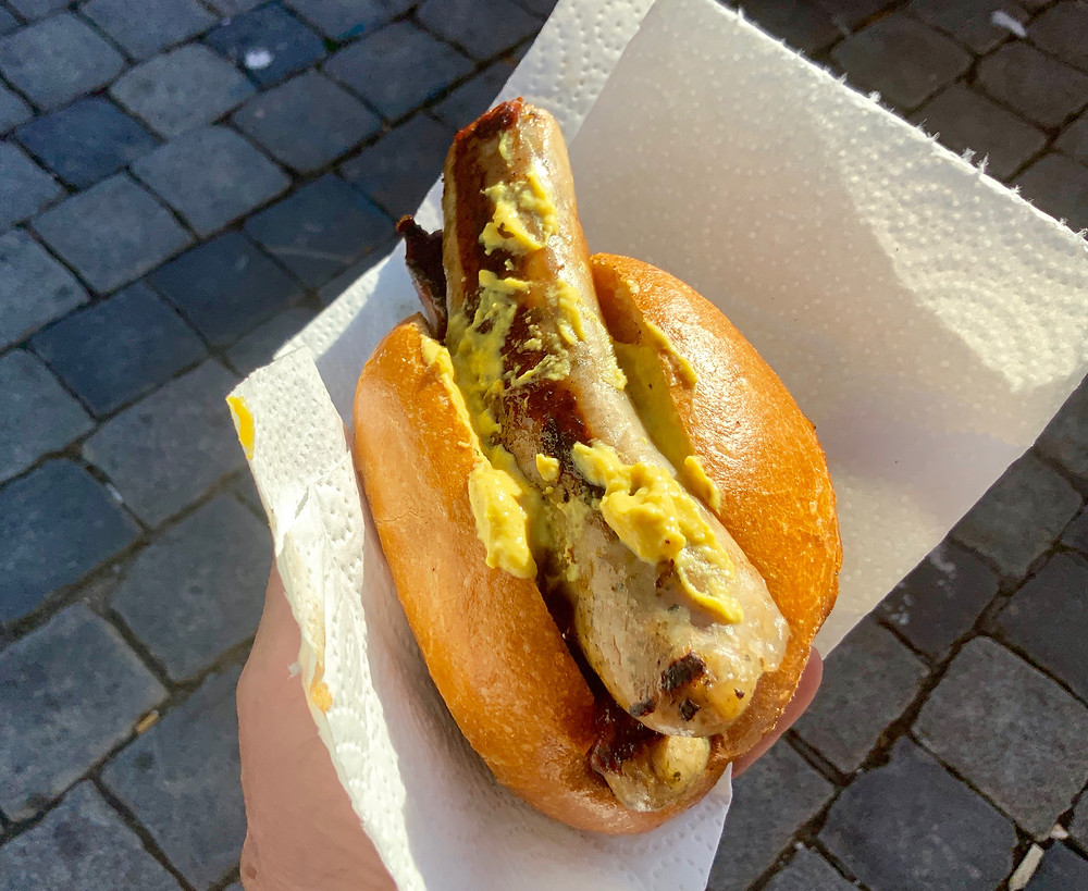 indulging in some Drei im Weckla in Hauptmarket Square in Nuremberg