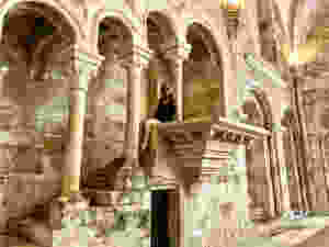 on the staircase to the reader's pulpit in the Refectory