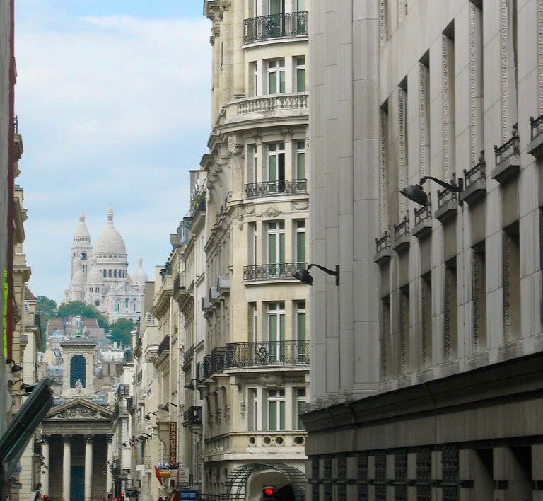 view of Notre-Dame-de-Lorette and the Sacre Coeur from Lafitte Street
