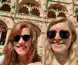 my daughter and I admiring the Manueline cloisters at Jerónimos Monastery in Belem