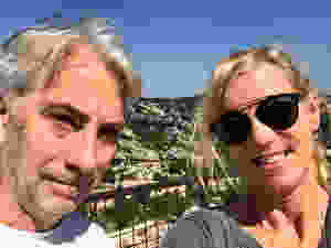 admiring the castle ruins in Les faux with my travel partner