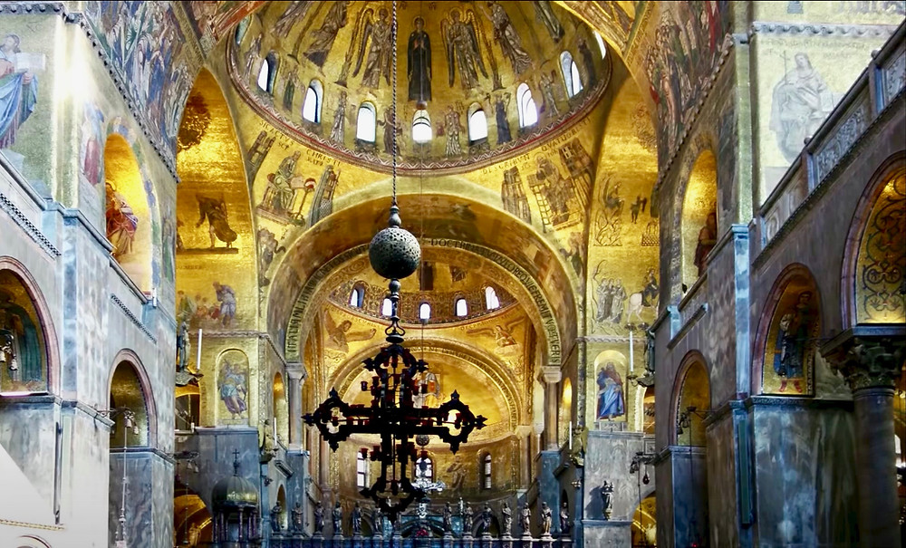 the glittering mosaic interior of St. Mark's Basilica