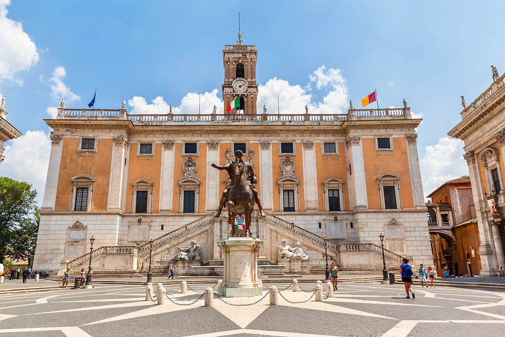 Piazza del Campidoglio on Capitoline Hill in Rome with the equestrian statue of Marcus Aurelius and the facade of Palazzo Senatorio