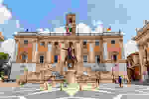 Piazza del Campidoglio on Capitoline Hill in Rome with the equestrian statue of Marcus Aurelius and the facade of Palazzo Senatorio