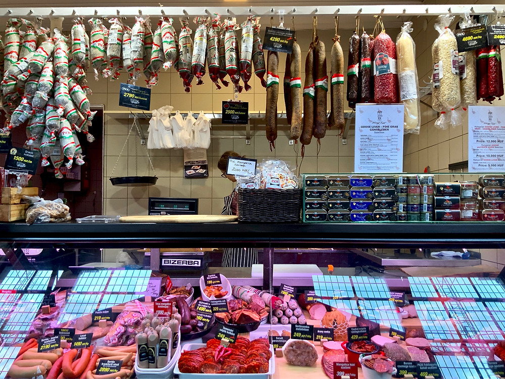 meat stalls at the Budapest Central Market