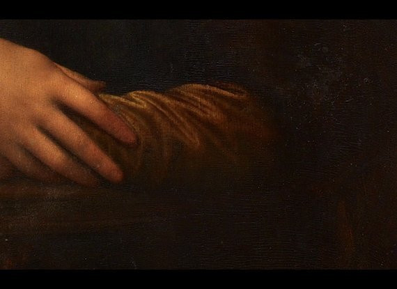 the vandalized left elbow of the Mona Lisa