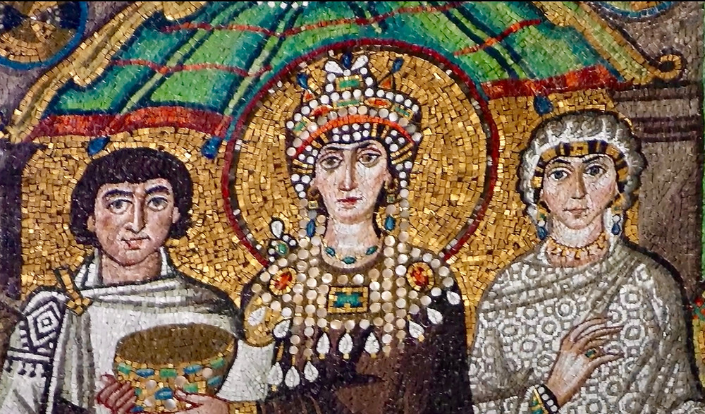 detail of Theodora mosaic showing her elaborate jewelry