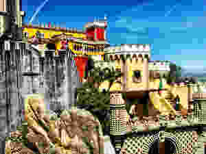 Natural stone forms part of the Pena Palace walls. Above the entrance flag you can see King Ferdinand II's coat of arms