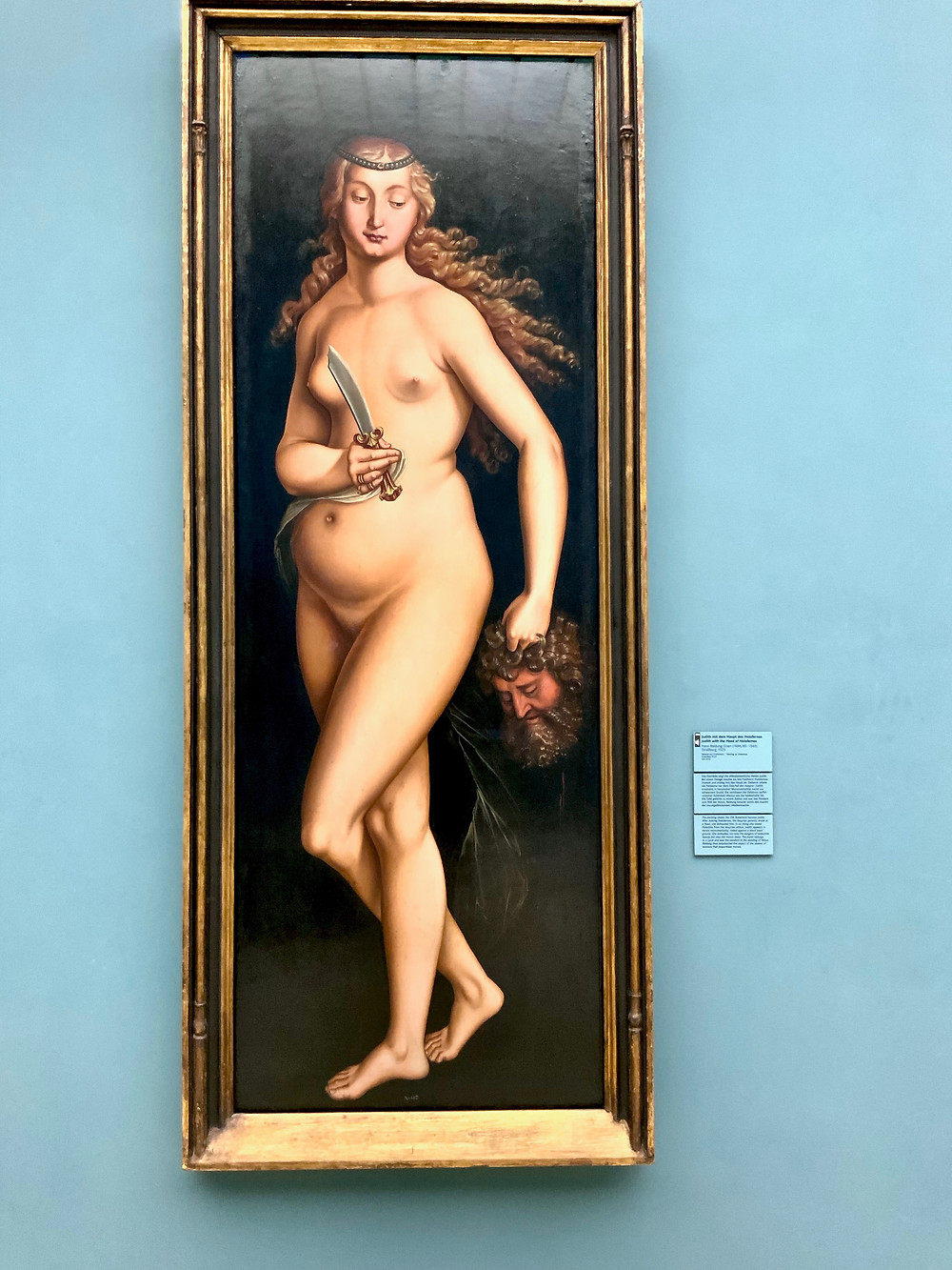 Judith with the Head of Holofernes. She gets him drunk, beheads him, and saves Palestine. Favorite topic of artists.