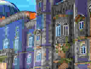 blue tiled facades of Pena Palace and the merman gargoyle over an entryway