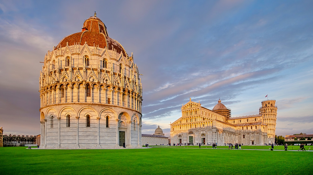 the Pisa Baptistery on the left and the Duomo on the right