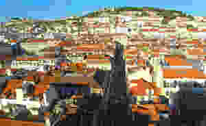 view of Lisbon and St. George's Castle from the Santa Justa Elevator.