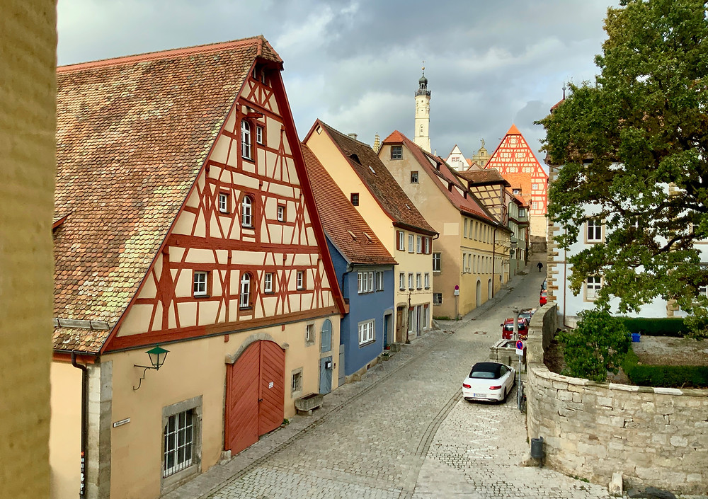 pretty side street in Rothenburg ob der Tauber in Bavaria Germany