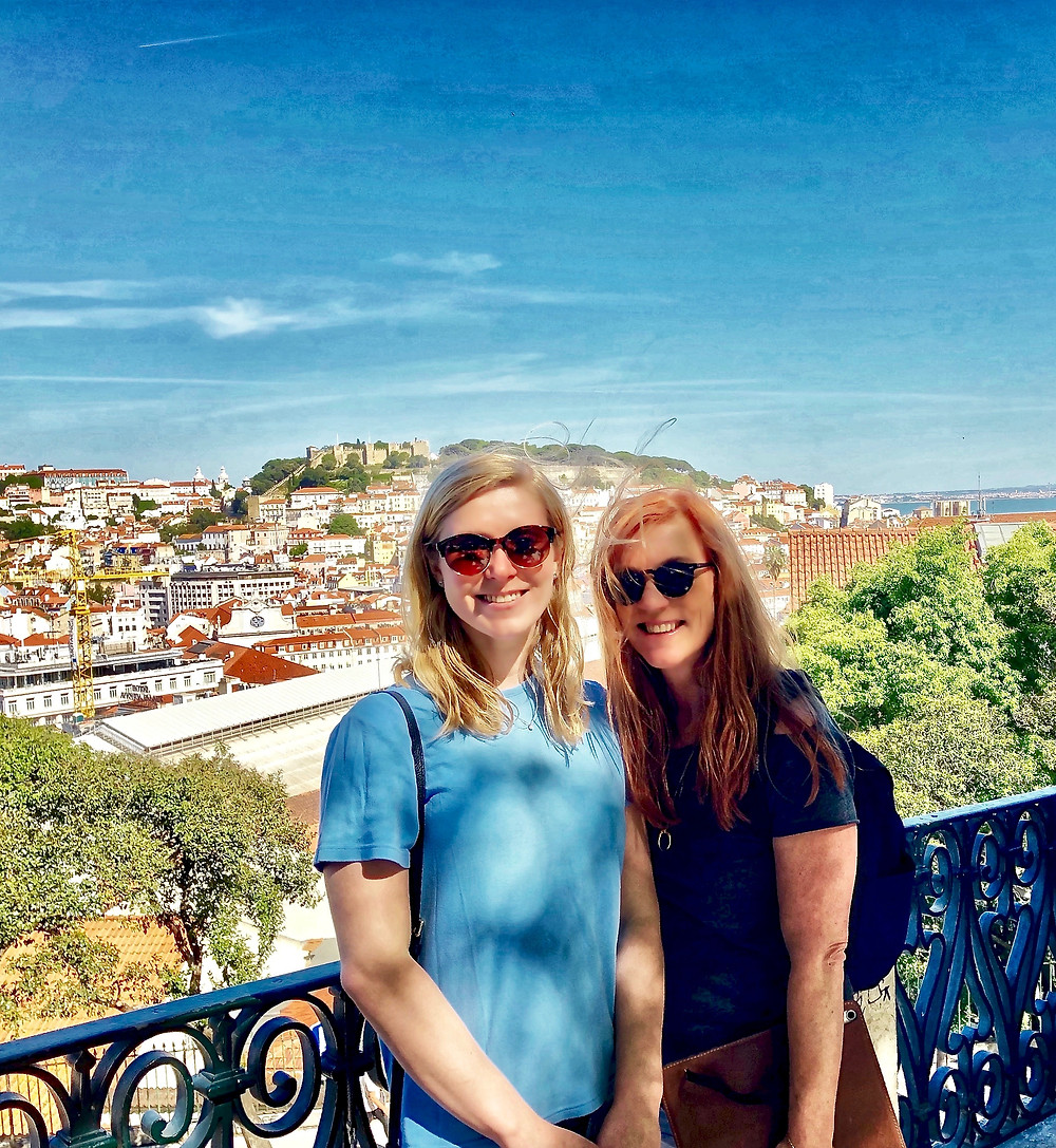 my daughter and I at the São Pedro de Alcântara Miradouro in Bairro Alto