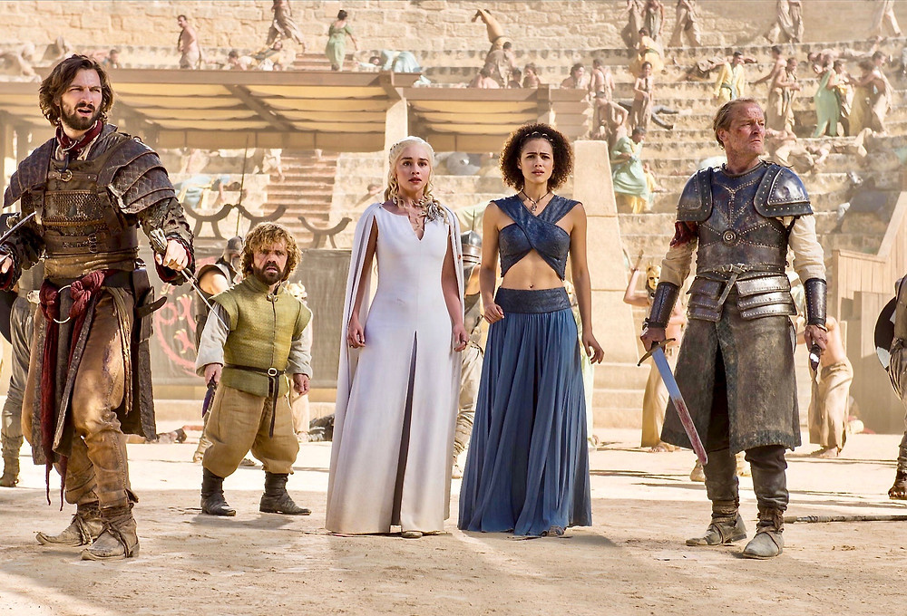 Daenerys and her protectors await the arrival of Drogon in the bullring in Osuna.
