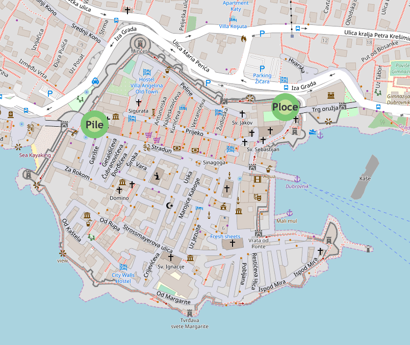 map of the Dubrovnik city walls showing the entry points