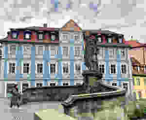 The storybook “Wedgewood” house in Bamberg. It's painted in blue with intricate white stucco designs. The house was the birthplace of Joseph Heller, a local businessman, historian and art collector.