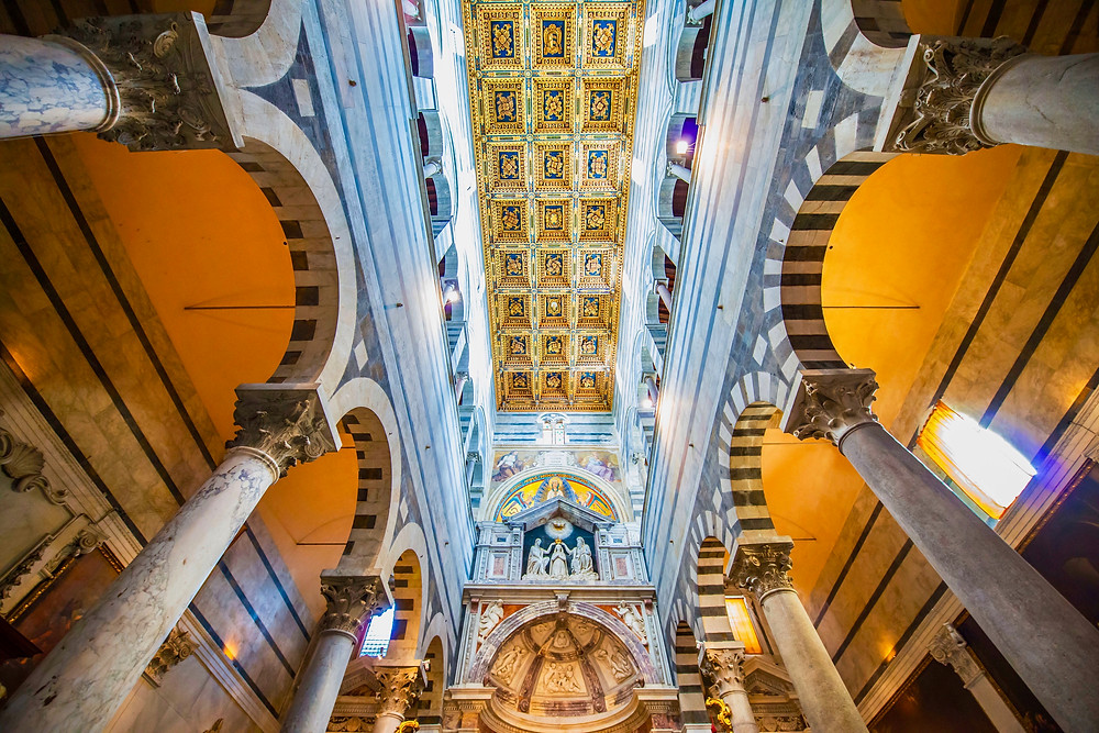 interior nave of Pisa's Duomo, with a beautiful coffered ceiling