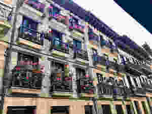 flower bedecked balconies in Hondaribbia Spain