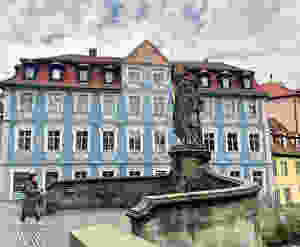 The storybook “Wedgewood” house in Bamberg. It's painted in blue with intricate white stucco designs. The house was the birthplace of Joseph Heller, a local businessman, historian and art collector.