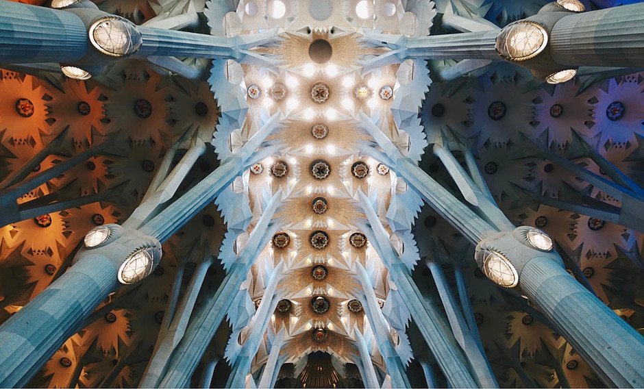 the beautiful forest-like nave of Sagrada Família in Barcelona