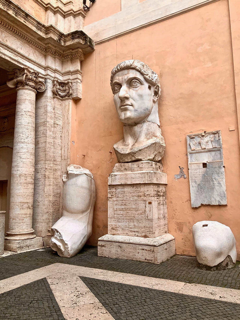 chunks of what was a massive 30 foot statue of Emperor Constantine in the the Palazzo dei Conservatori