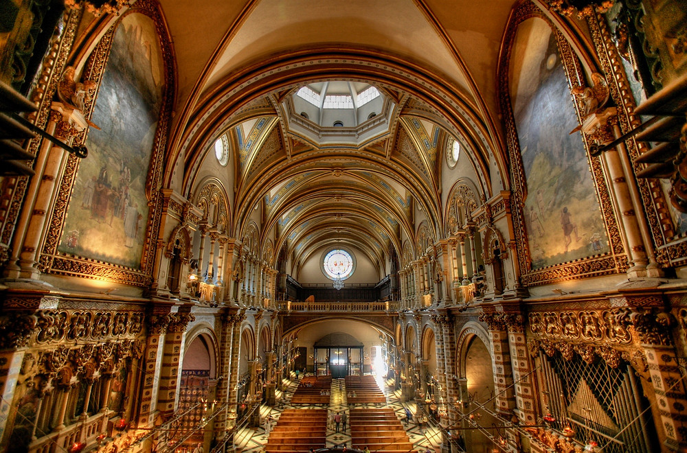 interior of Montserrat basilica, renovated by Modernist architect Josep Puig i Cadafalch